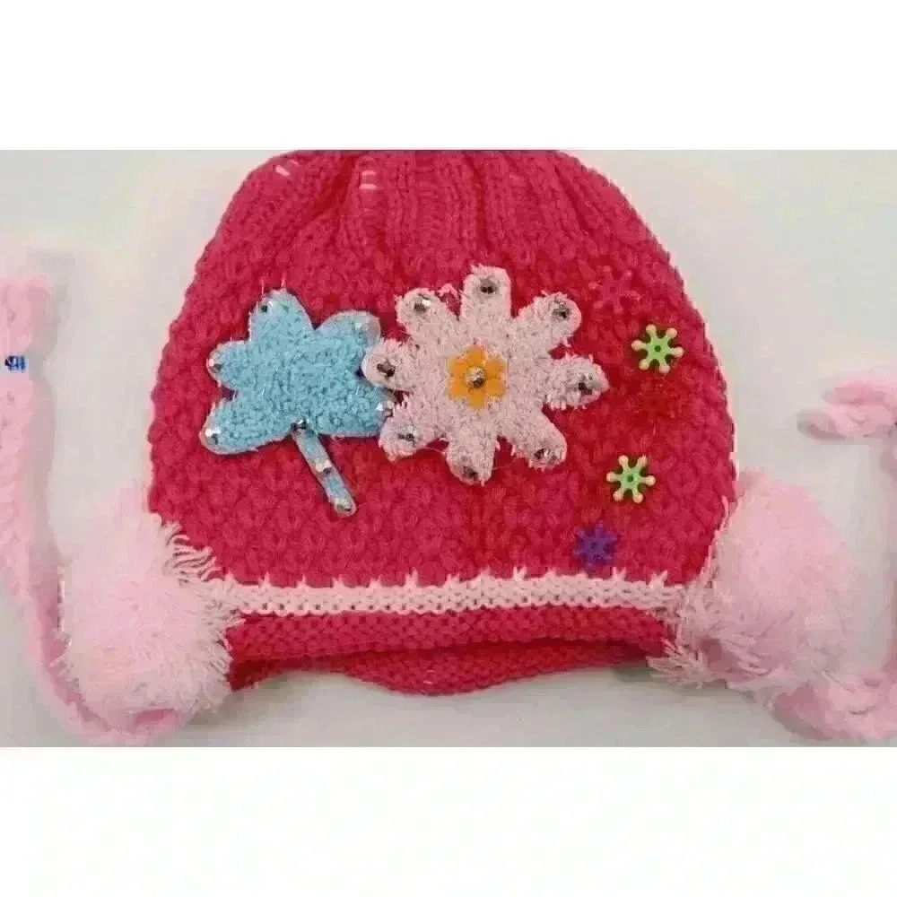 HAND knitted girl hat with knitted applique with beads for 3-6 year old. NEW. - Picture 6 of 8